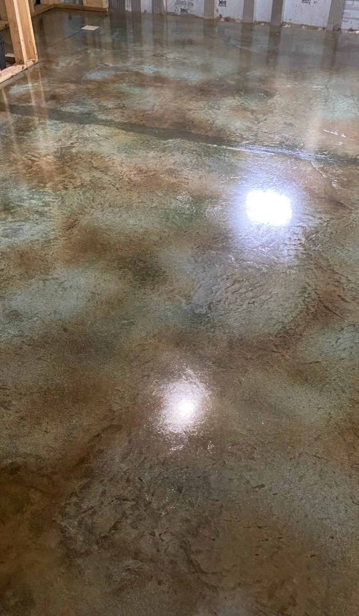 Azure Blue and Coffee Brown Wet-on-Wet Acid Stain Technique on Concrete Floor