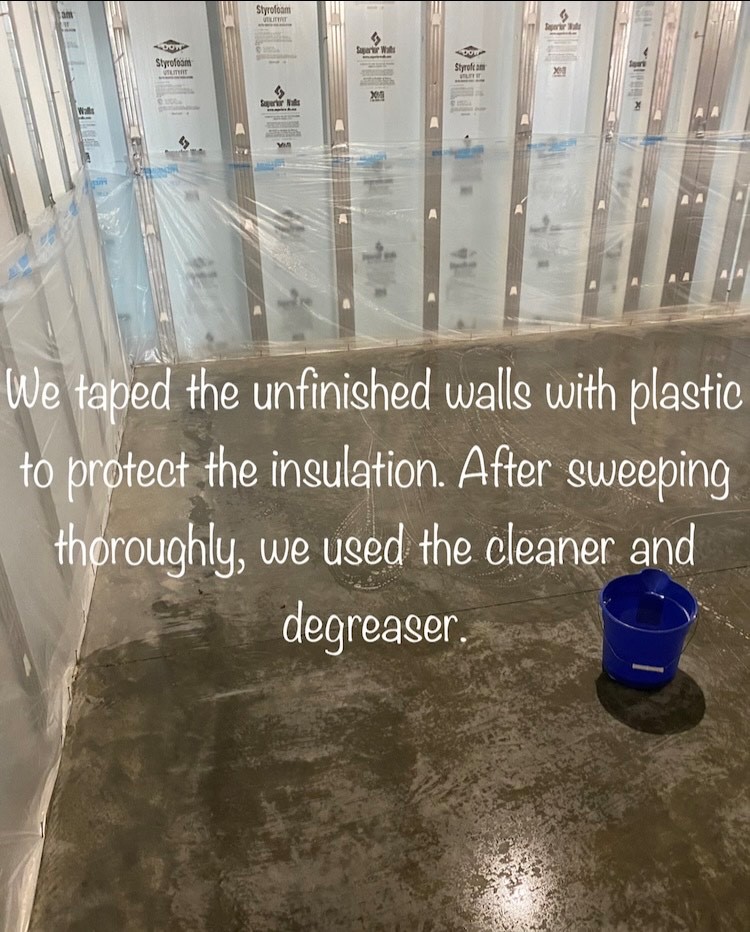 Image of taped and plastic-covered walls in a basement, ready for acid staining after thorough cleaning with a cleaner and degreaser.