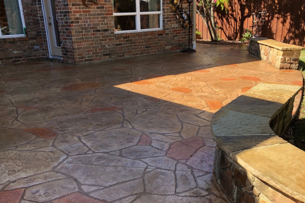 Khaki, Cafe Royale, Terra Cotta Antiquing Stains on Stamped Concrete Patio Khaki, Cafe Royale, Terra Cotta Antiquing Stains on Stamped Concrete Patio