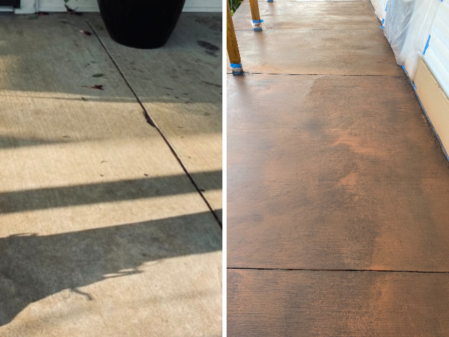 Russet and black Antiquing stains on broomed finished concrete porch