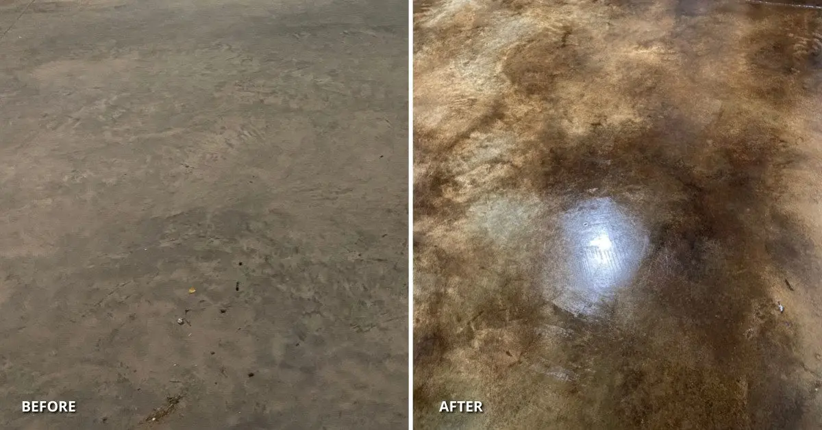 A side-by-side comparison of a plain concrete basement floor (before) and a transformed, layered leather look (after)