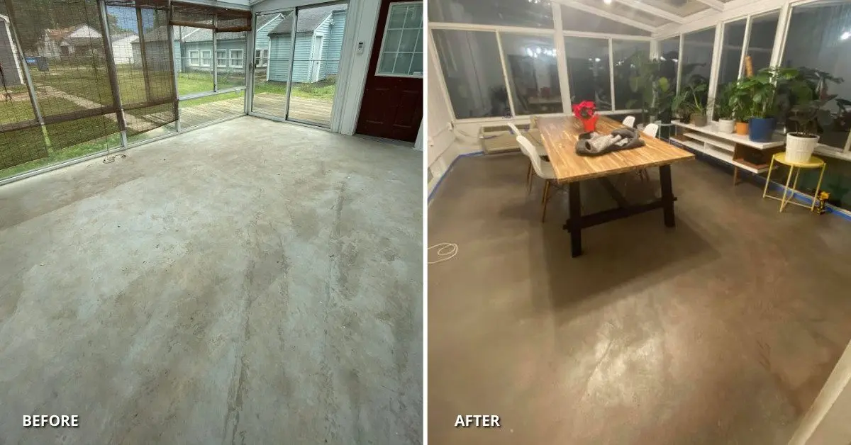 Sunroom flooring before and after transformation using Stormy Gray Vibrance Dye