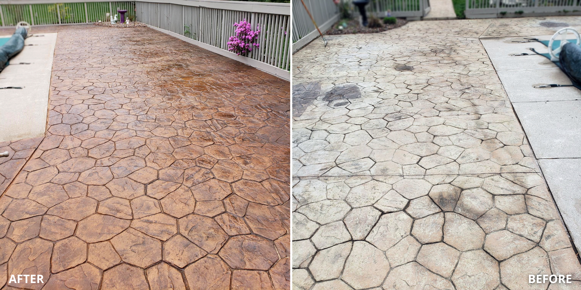 Before and atter photo of stained concrete pool deck