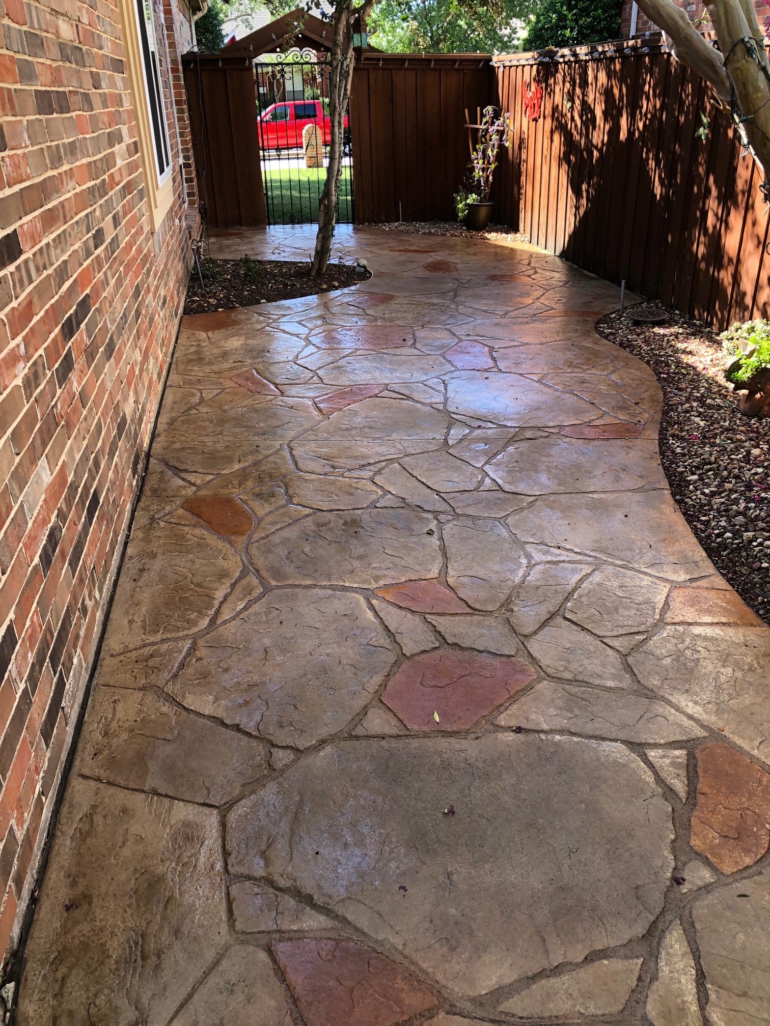Khaki, Cafe Royale and Terra Cotta Antiquing Stains on Faded Stamped Concrete Patio