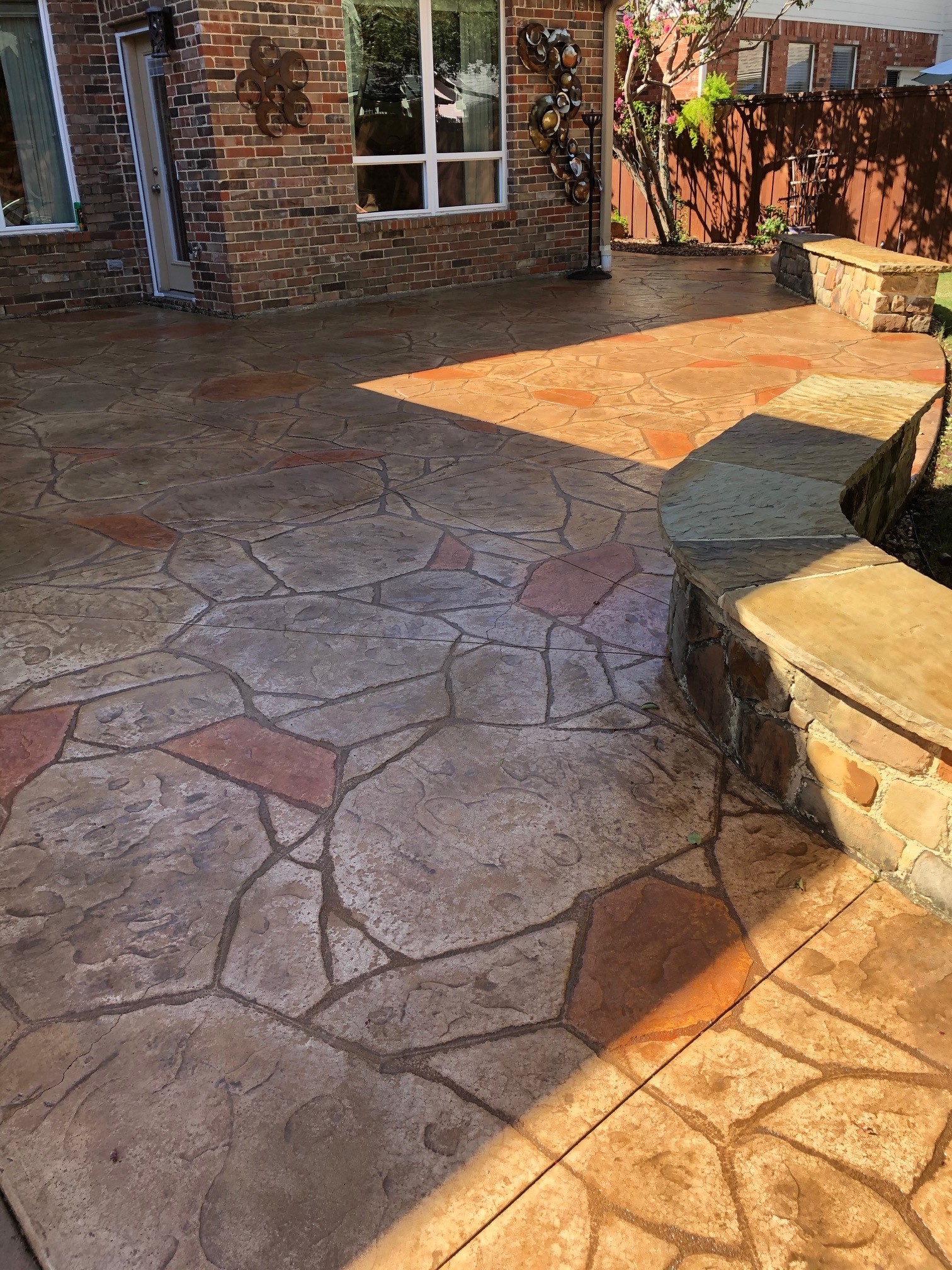 Khaki, Cafe Royale and Terra Cotta Antiquing Stains on Faded Stamped Concrete Patio