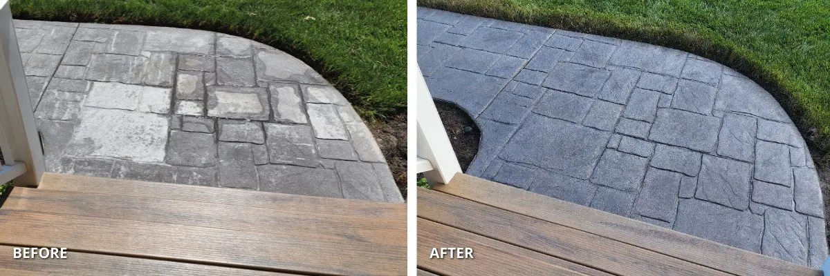 Before and after image of a discolored stamped concrete walkway being restored with Charcoal Antiquing stain to bring back its original beauty
