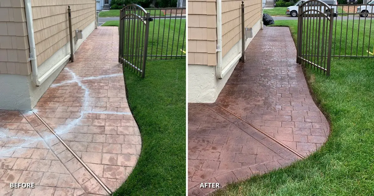 Before and after image of a cracked stamped concrete patio being repaired using concrete patching compound, stained with Aztec Brown Antiquing stain and sealed with EasySeal