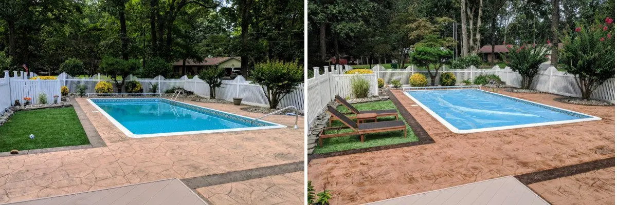 Before and after image of a faded stamped concrete pool deck being restored with cumin Antiquing stains and matching the edging with driftwood Antiquing stains to bring back its original colors