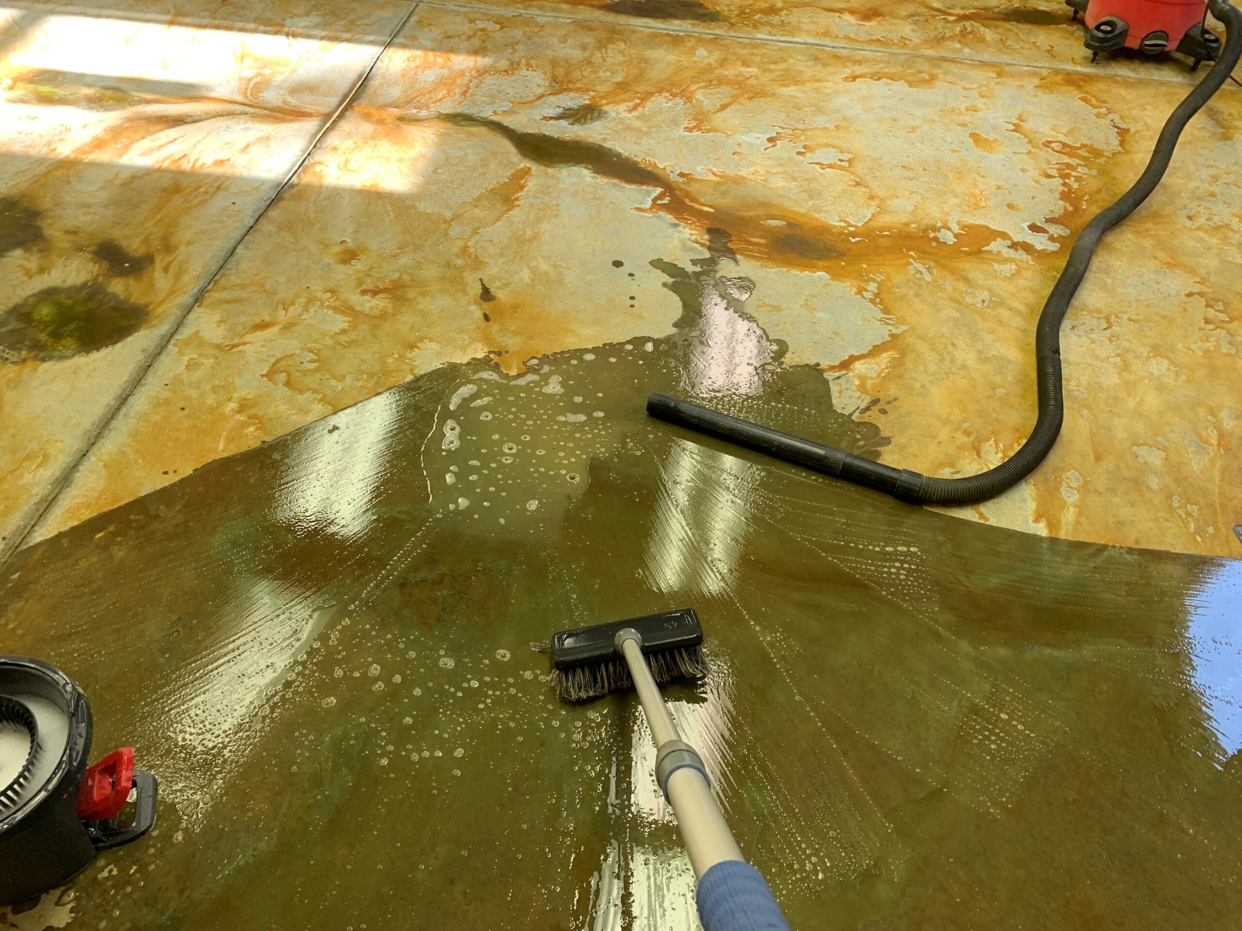 An image depicting the neutralizing and cleaning stage on a stained concrete floor