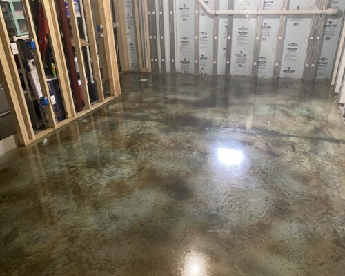 Azure Blue and Coffee Brown Stained Concrete Basement Floors