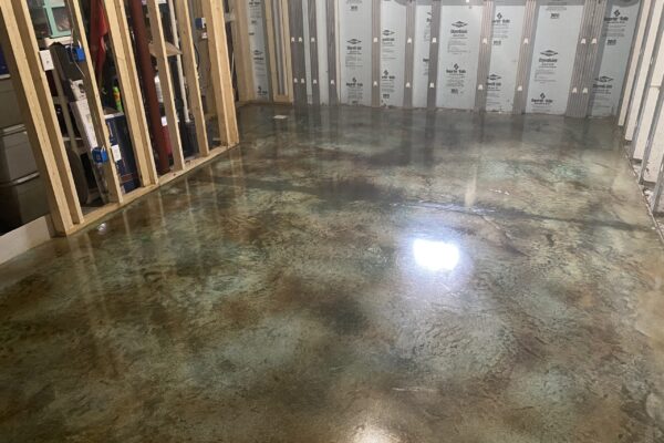 Azure Blue and Coffee Brown Stained Concrete Basement Floors