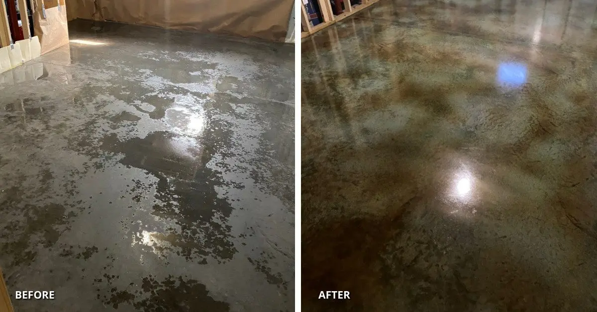 A side-by-side comparison of a plain concrete basement floor (before) and a transformed, multi-layered and protected surface (after) achieved with acid staining, sealing and waxing techniques.