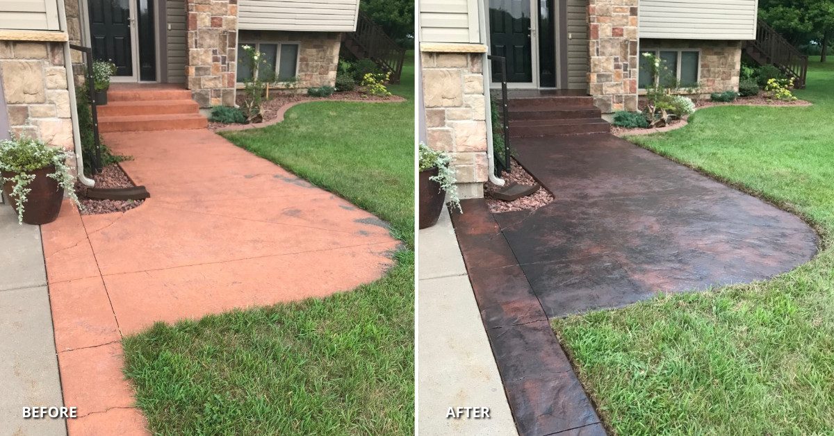 Before and after image of a stained concrete walkway being transformed from a pinkish-red color to a sleek, elegant and rich rusty iron color.