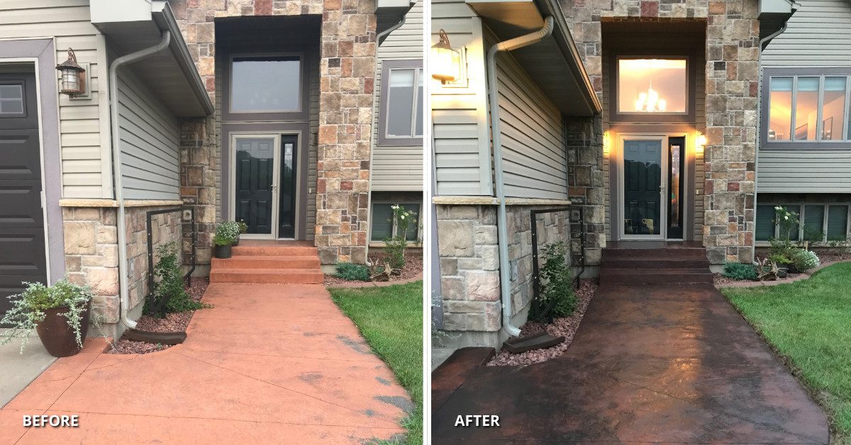Before and after image of a stained concrete walkway being transformed from a pinkish-red color to a sleek and elegant golden charcoal hue