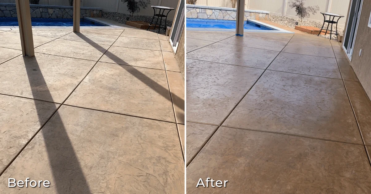 Before-and-after comparison of a stained concrete patio, showing subtle but noticeable improvement in sheen and color after resealing with Satin EasySeal
