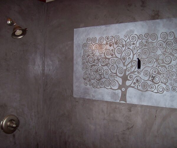 Charcoal & White Stenciled Concrete Shower Wall