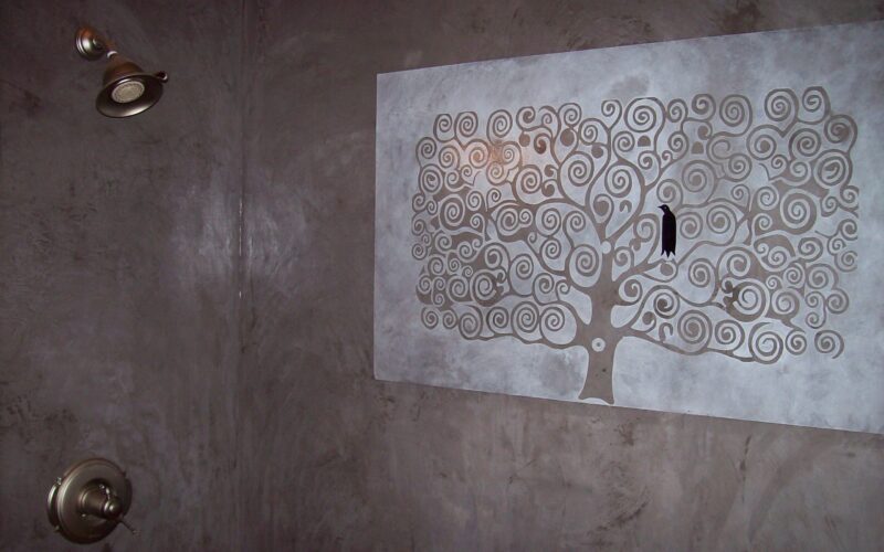 Charcoal & White Stenciled Concrete Shower Wall