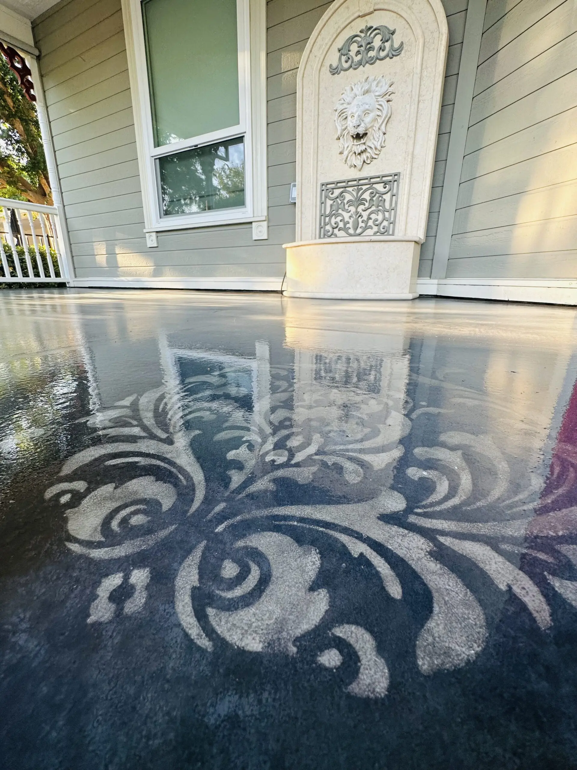 Finished concrete floor with a sophisticated Damask stencil design