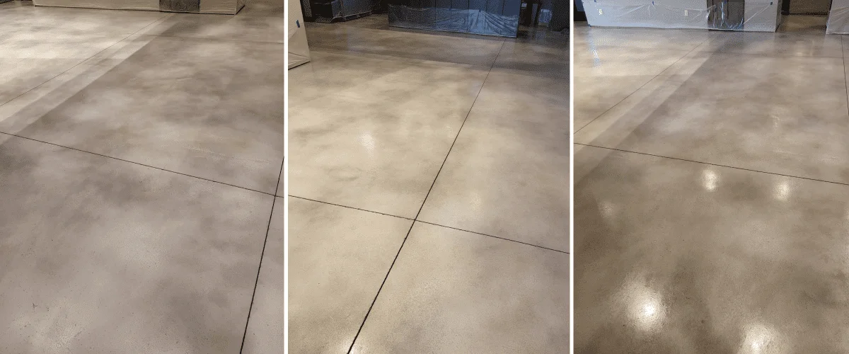 A three-panel image showing the progression of staining and finishing a concrete floor. The first panel shows the floor after applying Vibrance Dye with a white base and stormy gray with charcoal overlay, the second after sealing, and the third after applying ProWax Polish.