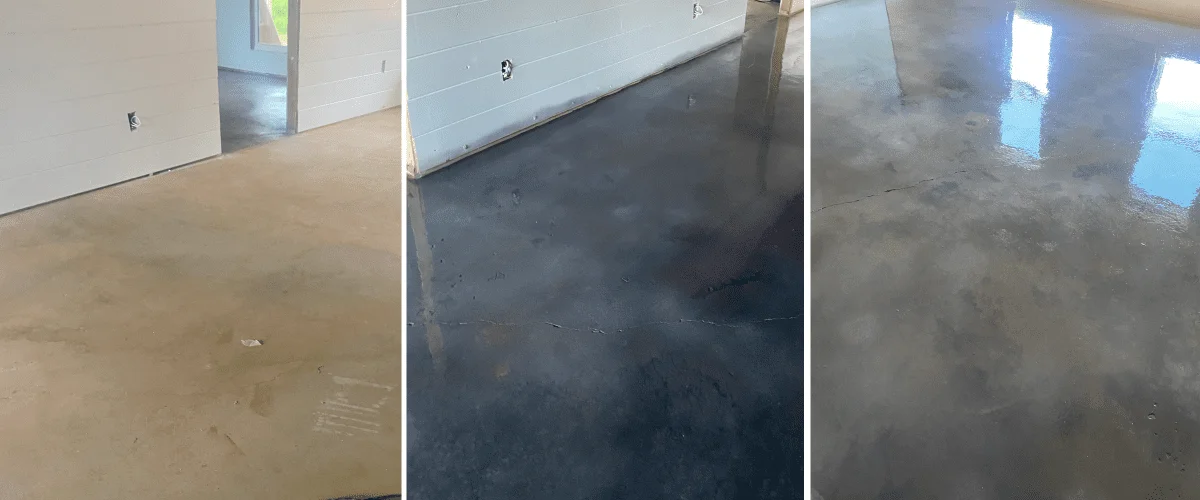 A three-step transformation of a concrete floor: the first image shows the original yellow, dirty concrete; the second image shows the floor after the application of Vibrance Dye with a light slate base coat; the third image displays the finished gray floor with added charcoal and white highlights.