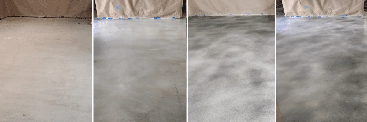 A four-panel image showing the process of transforming a concrete floor. The first panel shows the floor after grinding, the second after applying white vibrance dye, the third after adding stormy gray, and the fourth after adding charcoal for a polished concrete look.