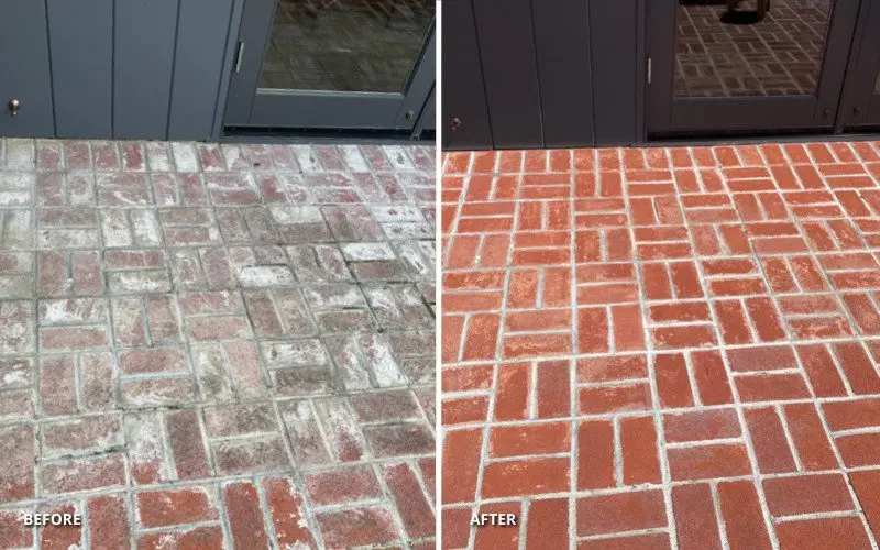Side-by-side before and after images illustrating the transformation of a red brick patio suffering from efflorescence to a revitalized patio using a combination of Portico Milano Red and Pumpkin stains.
