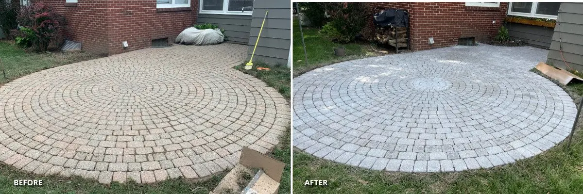 Before and after transformation of pink paver patio to clean white using stain for pavers