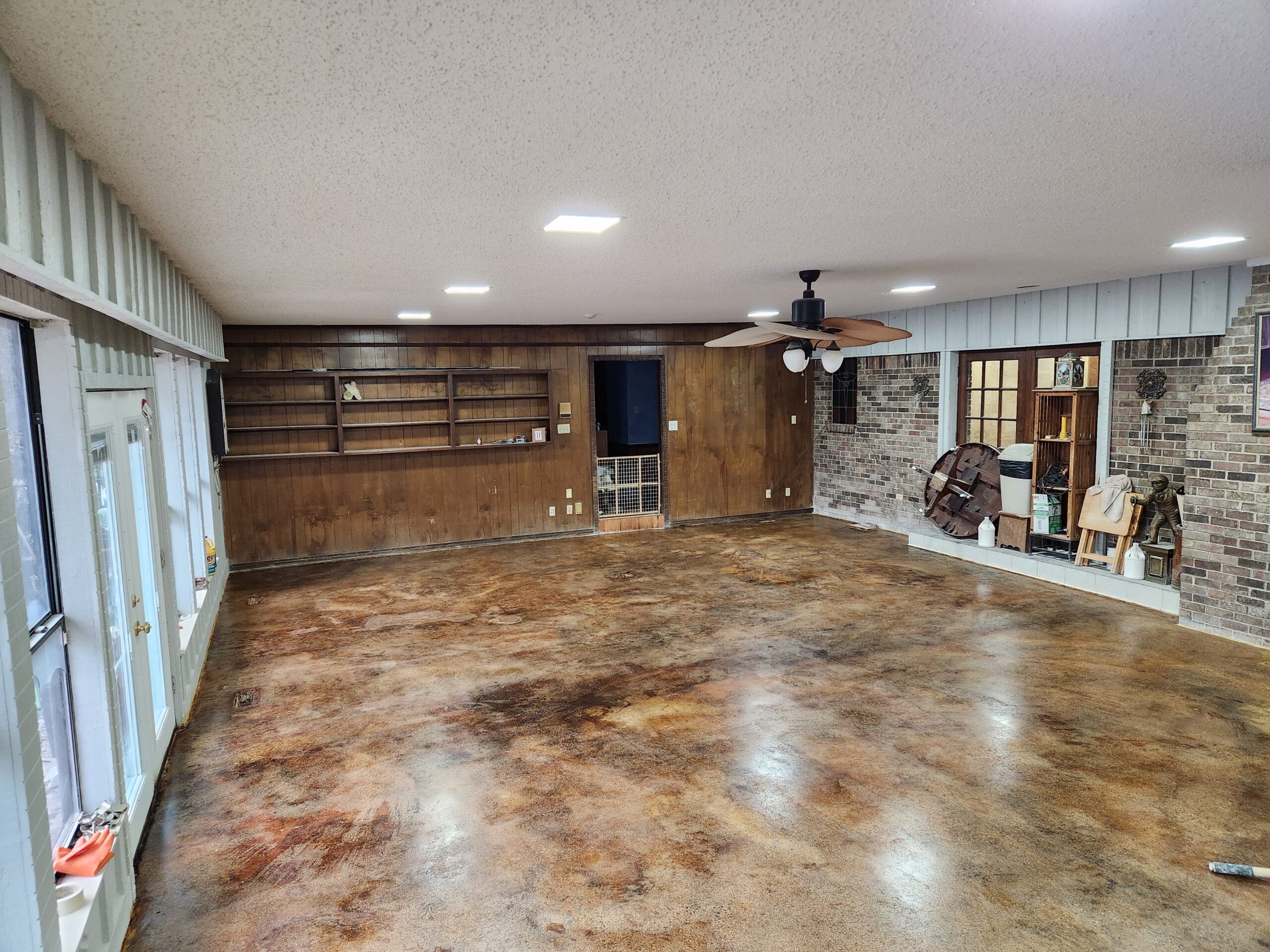 Finished game room floor showcasing the rich, vintage leather look