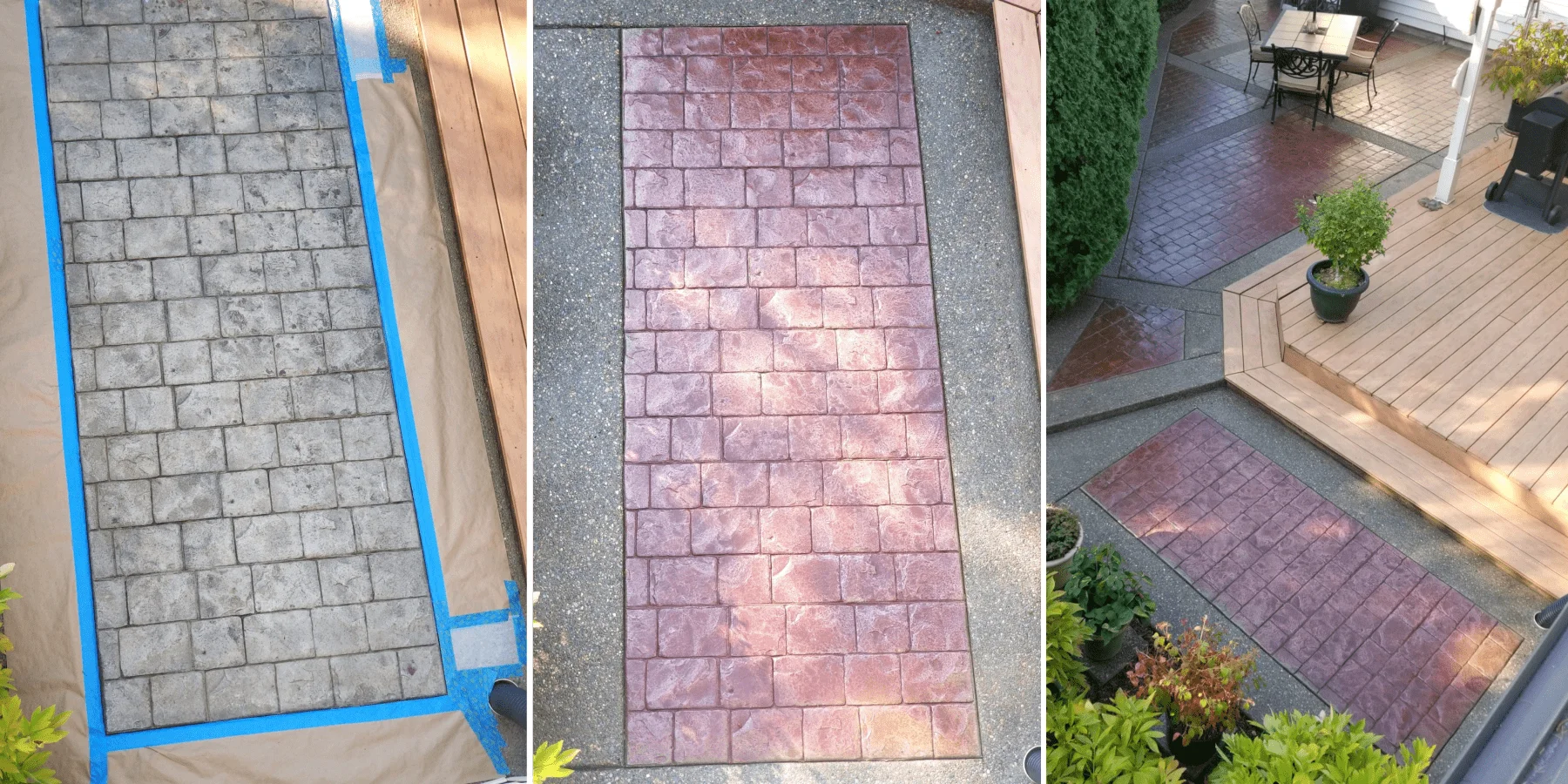 Three-phase transformation of a paver walkway: before staining, during the application of Cinnabar Antiquing Stain, and after sealing with Easy Seal Satin Sealer, showing a vivid enhancement from faded gray to rich cinnabar