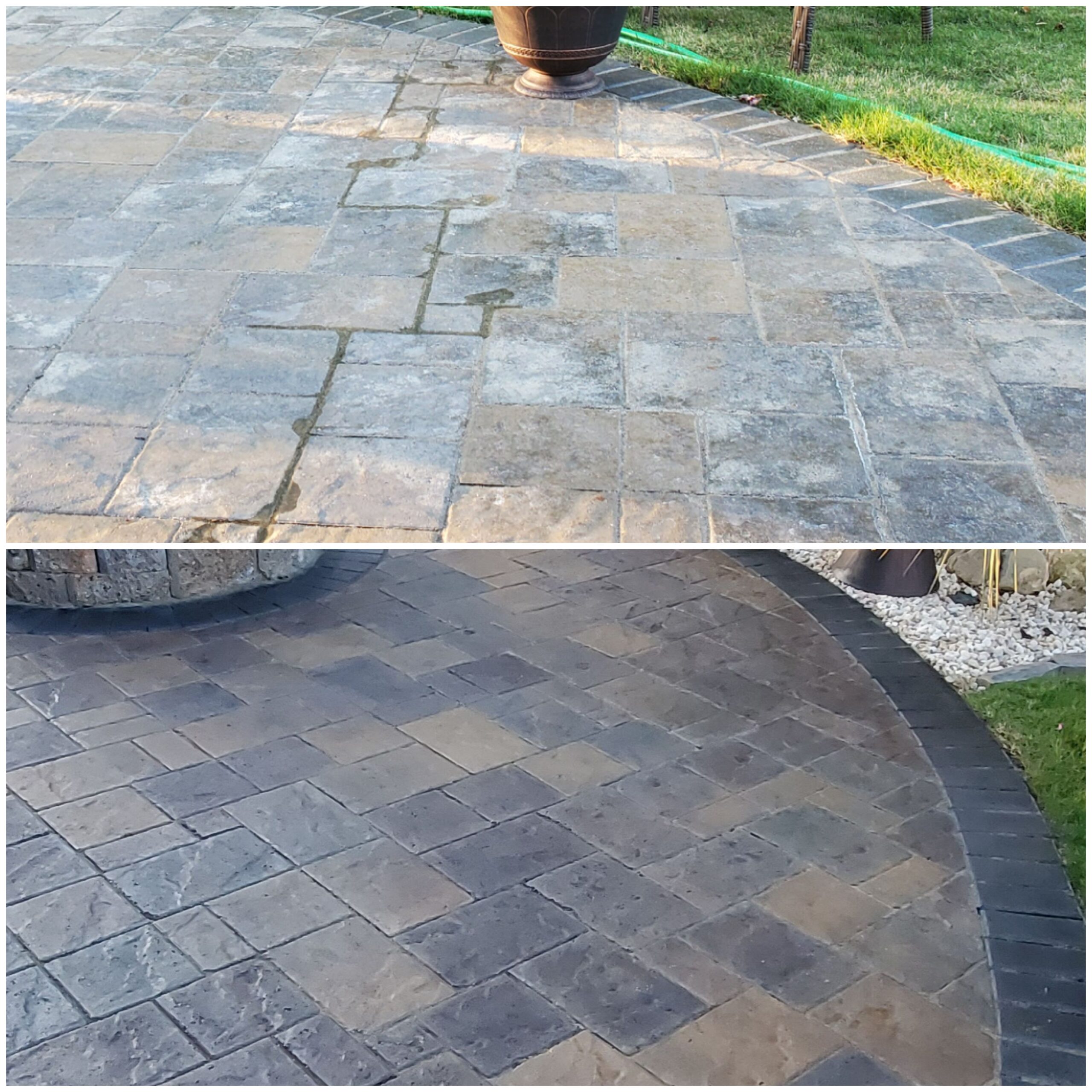 Before and After Antiquing Stain on Faded Stamped Concrete