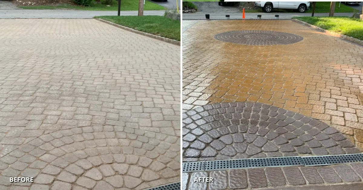 Before and after transformation of faded brick paver driveway with Goldenrod and Aztec brown Portico stains