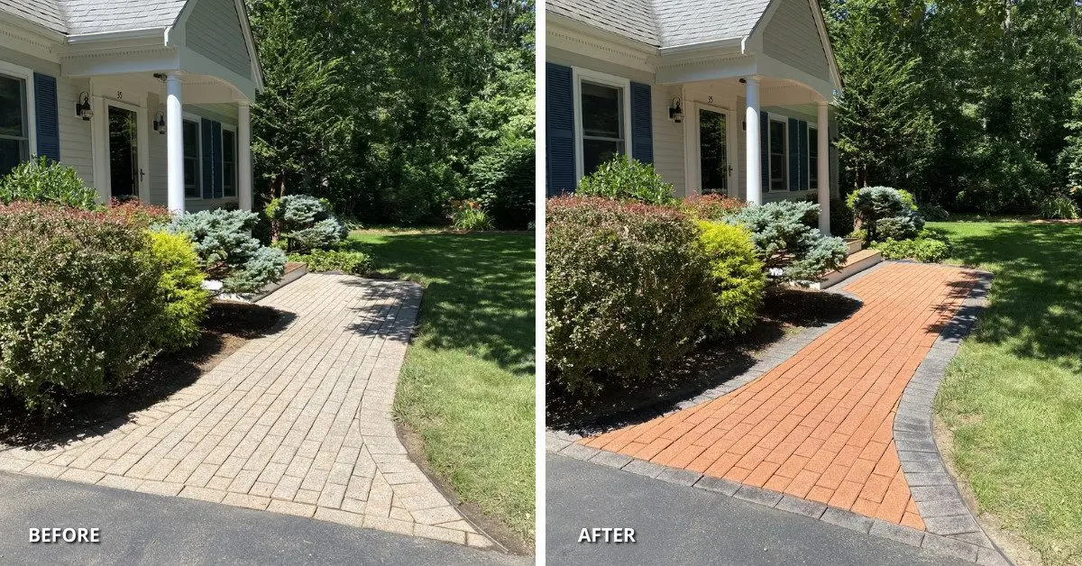 before and after image of concrete paver walkway stained using terracotta and charcoal paver stains