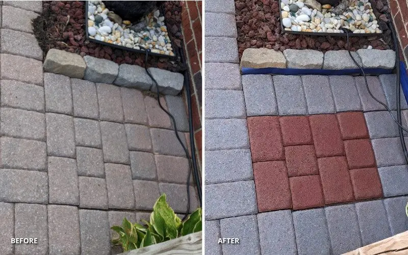 Before and after image of faded red brick paver patio transformed with Eagle Gray and Crimson Portico paver stains