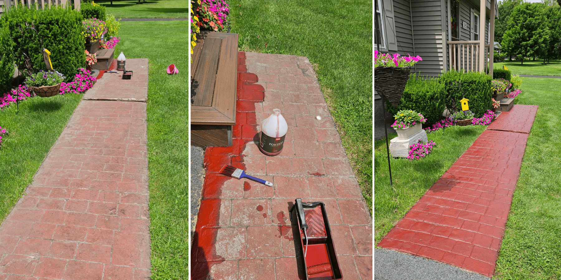 Transformation of a faded paver walkway through a DIY renovation project using a Portico paver stain