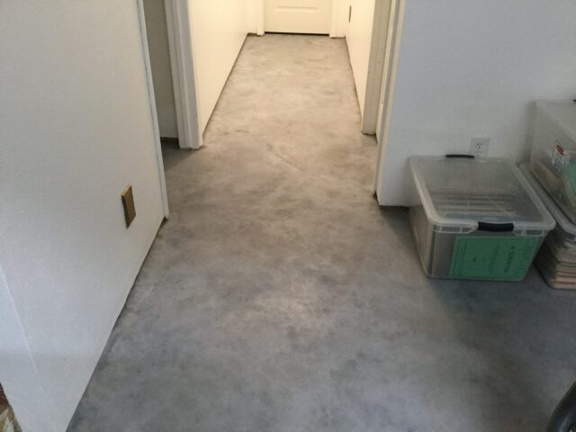 Light slate, stormy gray and white Vibrance dye stained hallway concrete floor
