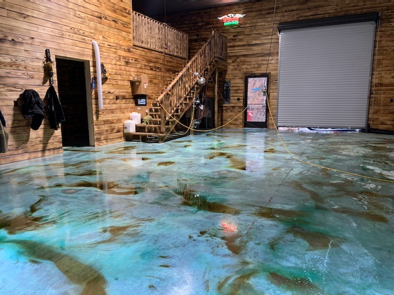 Azure Blue and Shifting Sand EverStain Acid Stained Garage Concrete Floor