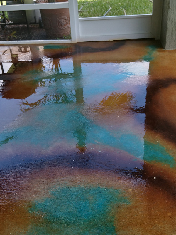 blue stained concrete patio