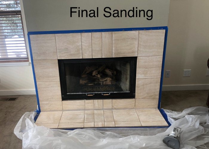 Sanding Tile Concrete Fireplace