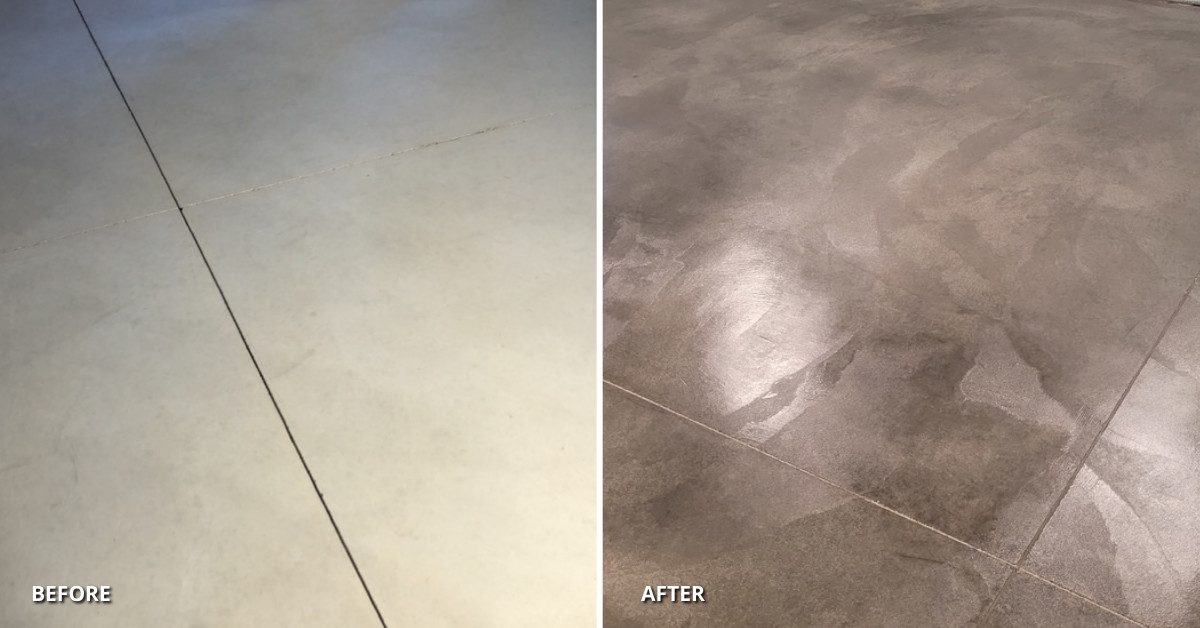 Before and after: drab basement concrete floor brought to life with Colorwave steel gray stain
