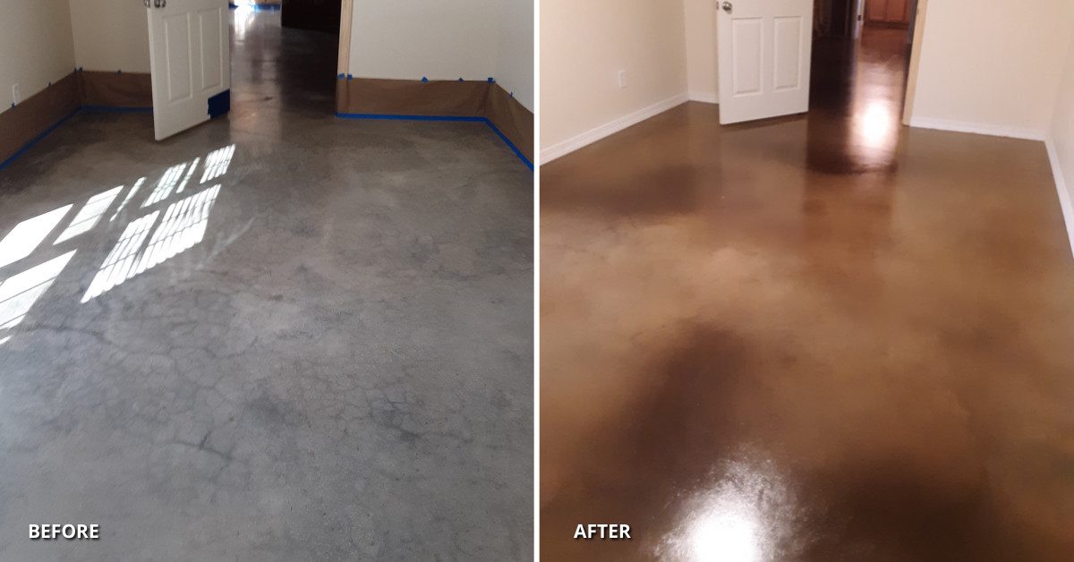 Before and after transformation of a concrete floor using Aztec Brown and Driftwood Vibrance Dye
