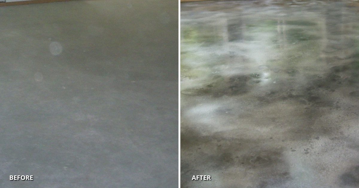 Before and after: dull basement concrete floor brightened with Black and White Vibrance Dye