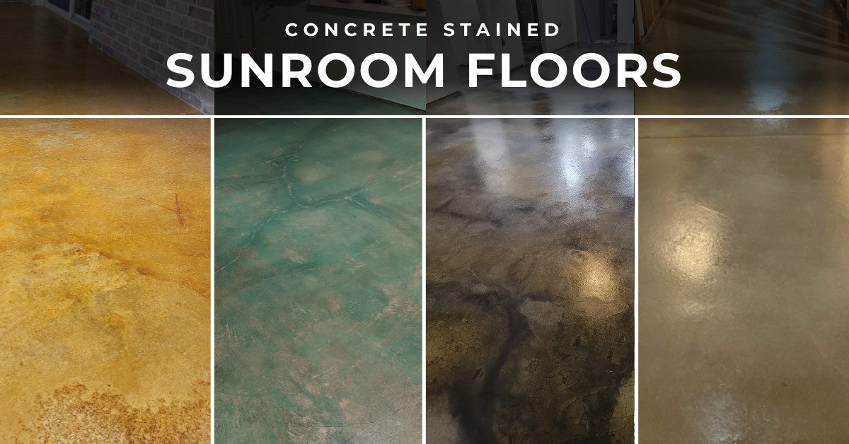 Four examples of stained concrete sunroom floors in a variety of colors