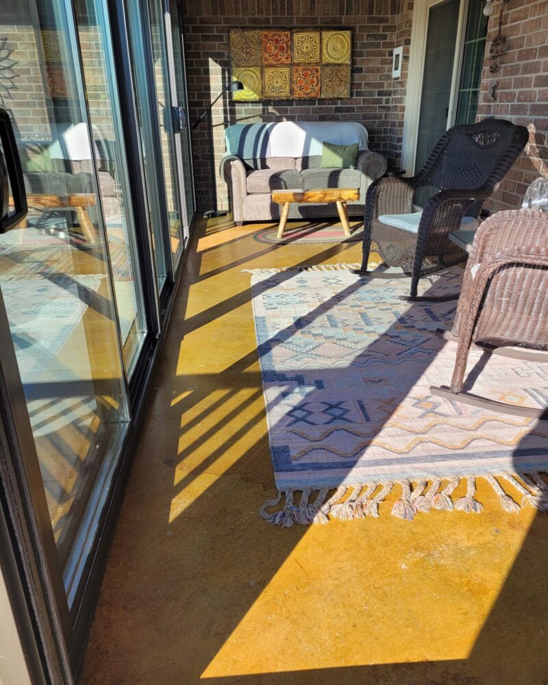 Sunroom concrete floor stained with Colorwave water-based gold stain