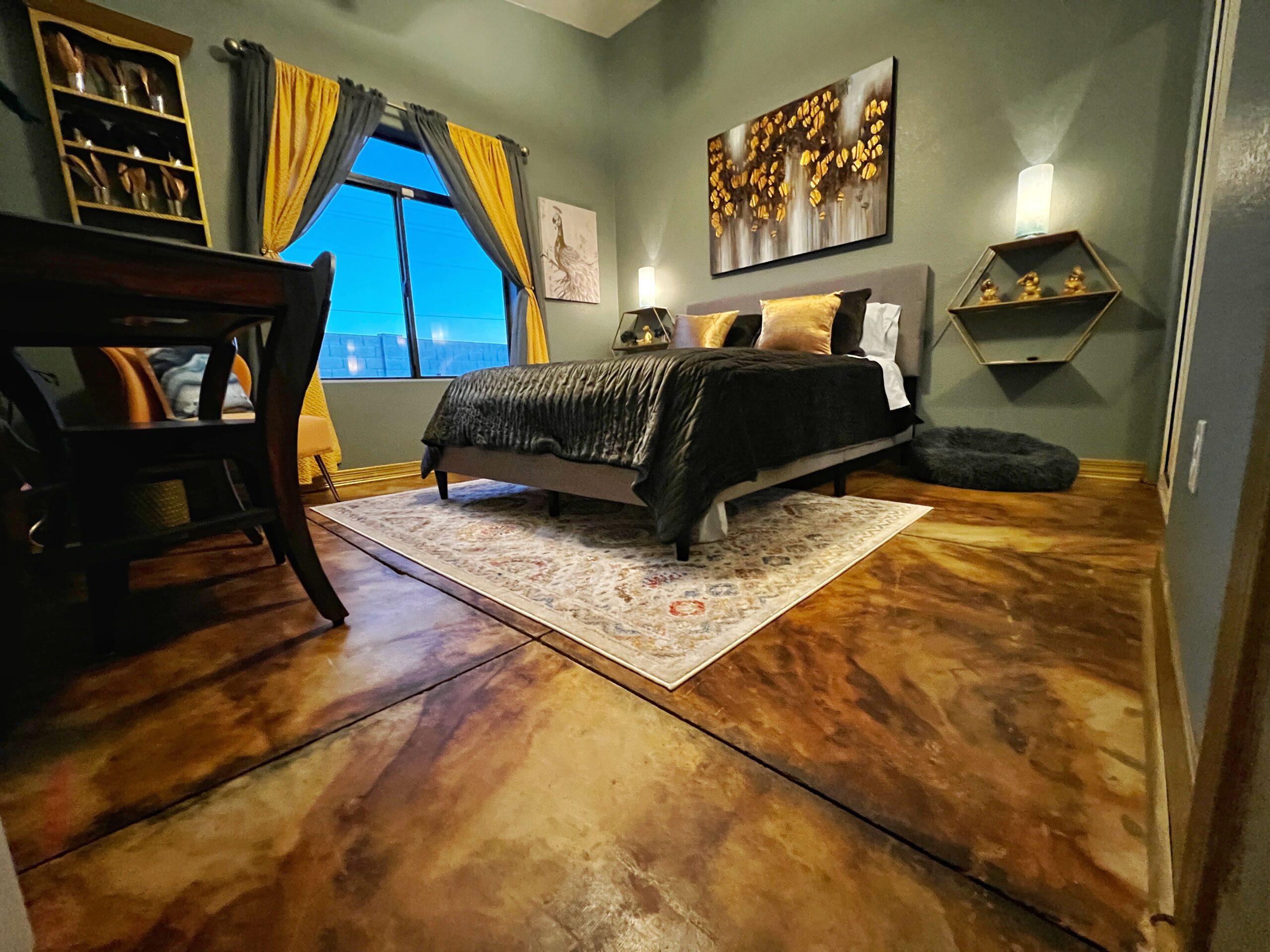 Azure blue, desert, amber and shifting sand EverStain acid stained concrete floors