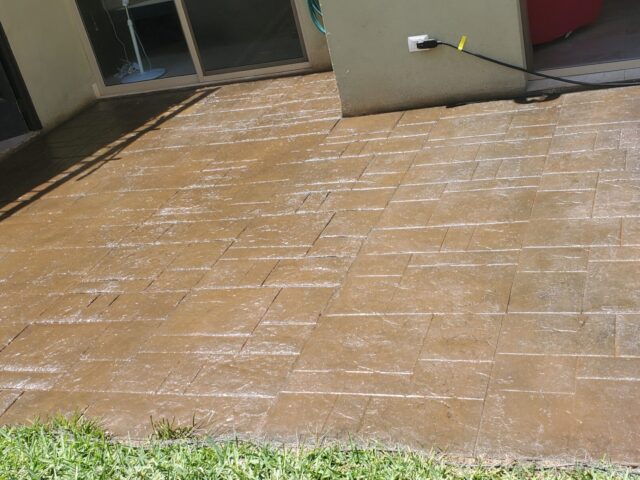 A beautifully finished patio stained with Tweed, Cafe Royale, and Aztec Brown Antiquing stains