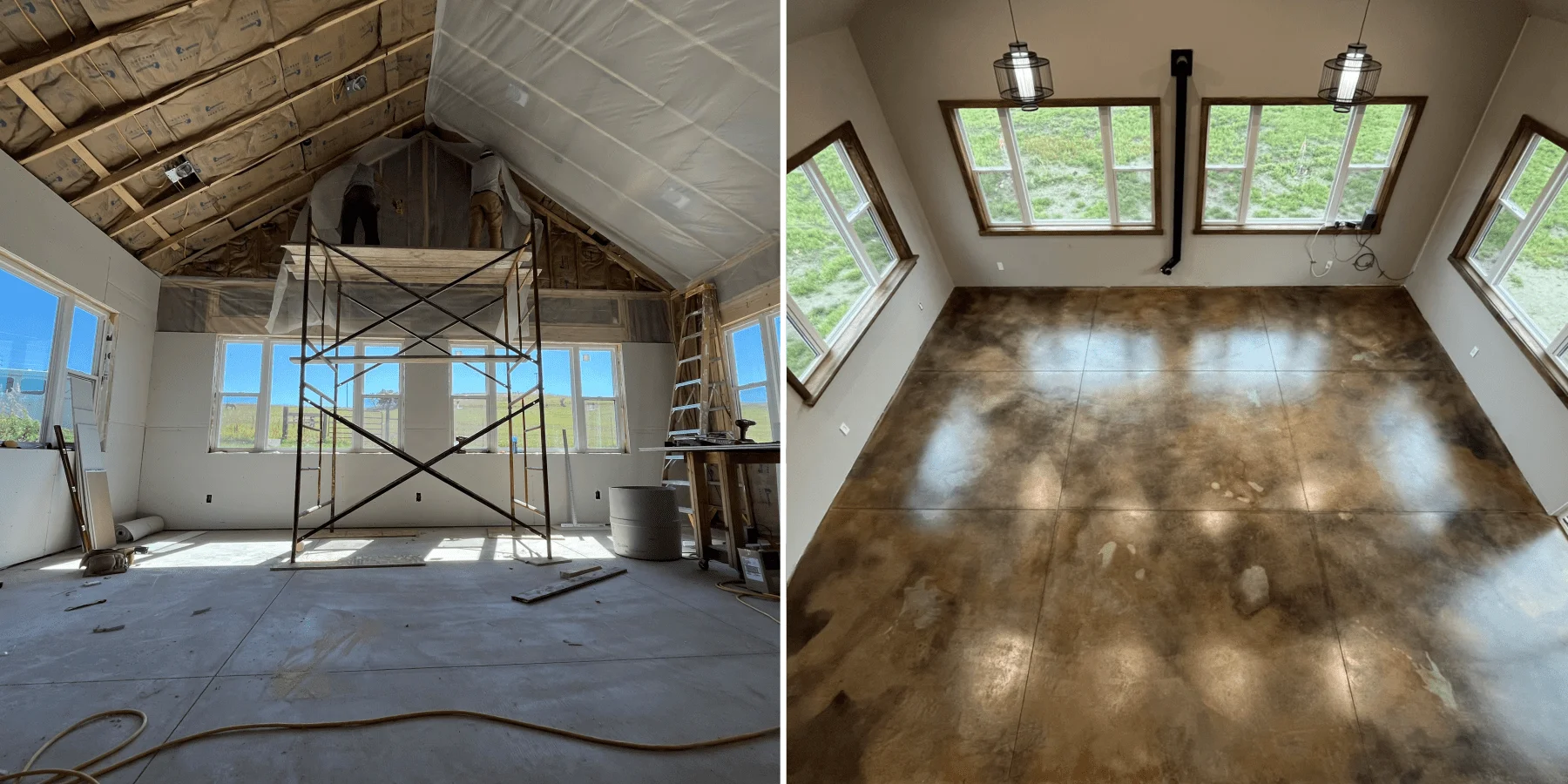 Before and after photo of a concrete floor transformation. The left side shows the construction phase with unfinished walls and scaffolding. The right side reveals the finished space with a polished concrete floor that mimics the look of marble