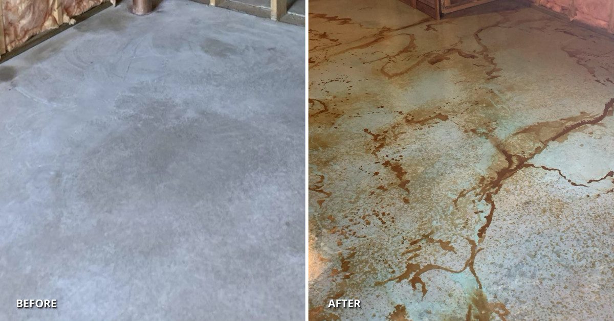 Before and after transformation of a basement into an art studio with concrete floors made to look like marble using Azure Blue, English Red, and Malayan Buff acid stains.