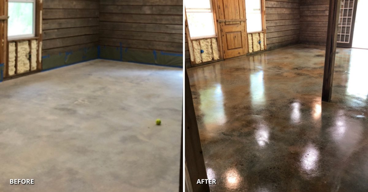 Before and after transformation of a concrete floor using Black, Seagrass, and Malayan Buff acid stains to create a stunning marble effect