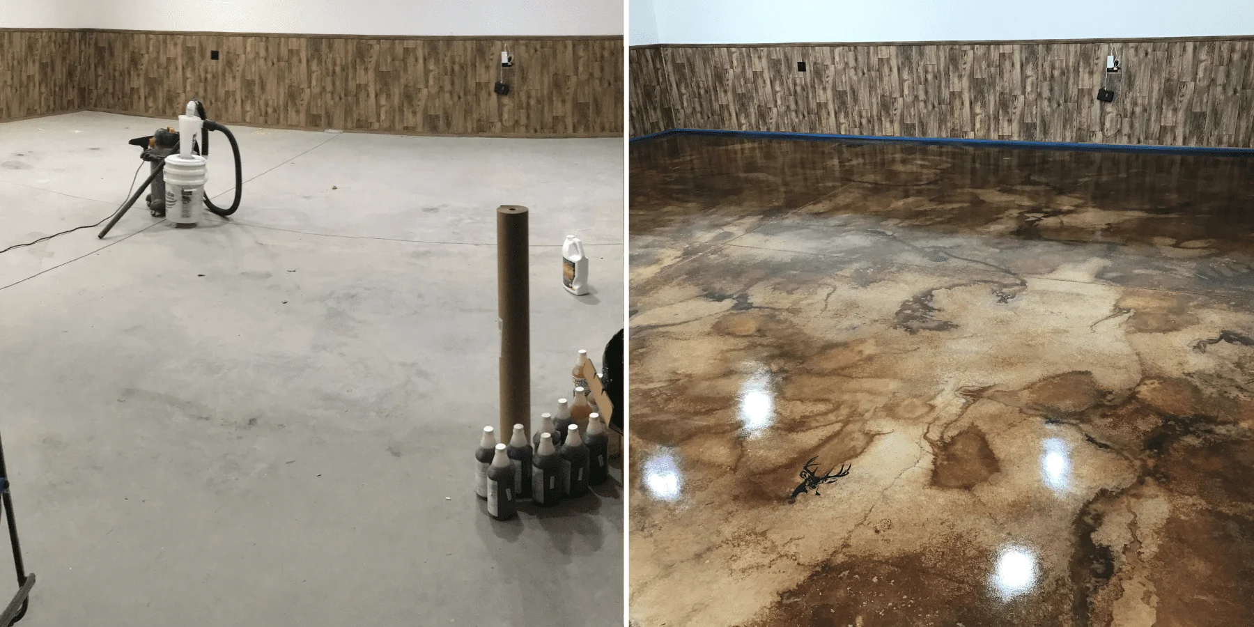 A before-and-after comparison of a concrete floor transformation. On the left, the bare concrete floor is prepped and ready for staining. On the right, the completed project showcases a polished, marbled effect achieved with acid stains in warm tones.