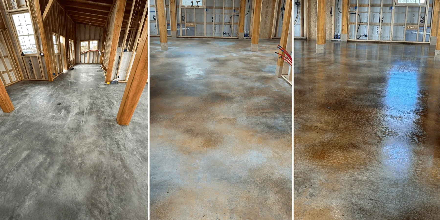 Three stages of a concrete floor acid staining project, showing the transition from bare concrete to a fully stained and sealed surface. The process uses EverStain Coffee Brown, Malayan Buff, and Seagrass stains to achieve a subtle marbled effect.